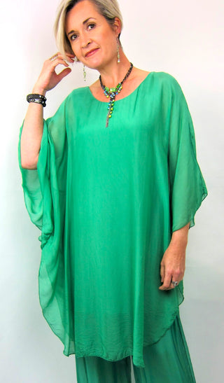 Buy emerald L033-Conti Moda Italian Silk Pattern Long Top/Mid Dress