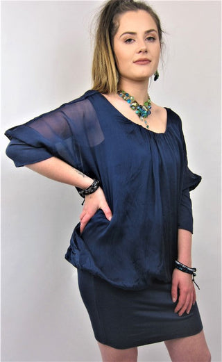 Buy navy Conti Moda Italian Silk Versatile Sleeved Top