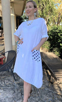 L240-Conti Moda Italian Linen Dress With Polkadot Pockets