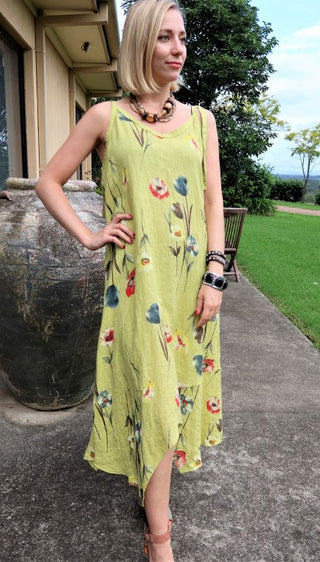 Italian Linen Floral Pattern Dress for women, Avocado Italian linen dress, linen dress, made in Italy, Tie up strap dress, Summer, Flowing dress