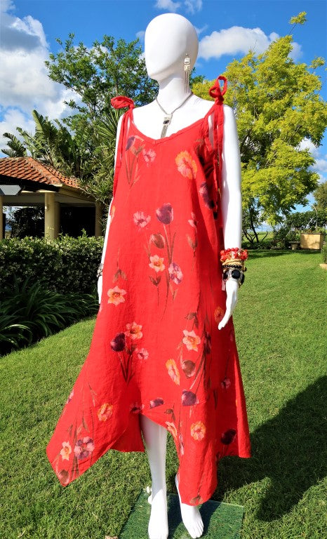 Italian Linen Floral Pattern Dress for women, Red Italian linen dress, linen dress, made in Italy, Tie up strap dress, Summer, Flowing dress