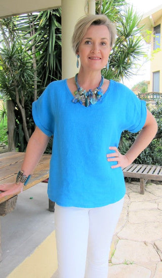 Buy turquoise L564-Conti Moda Smart V Neck Italian Linen Top