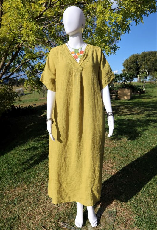 L781-Italian Linen V Neck Dress with Pockets