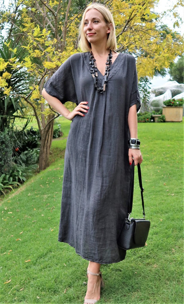 L781-Italian Linen V Neck Dress with Pockets