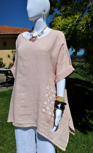 Buy blush L930-Conti Moda Linen Top With Polkadot Pockets