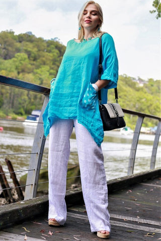 Buy turquoise L930-Conti Moda Linen Top With Polkadot Pockets