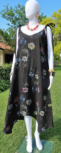 Italian Linen Floral Pattern Dress for women, Black Italian linen dress, linen dress, made in Italy, Tie up strap dress, Summer, Flowing dress